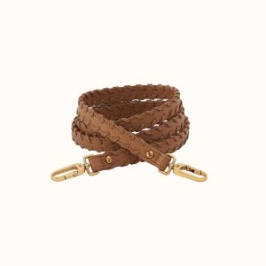 Thin Braided Strap In Pebbled Leather - Timber Brown