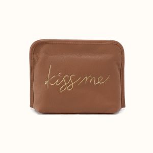 Beauty Cosmetic Pouch in Pebbled Leather - Timber Brown