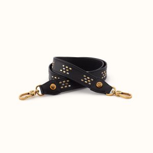 Flat Stud Guitar Strap In Polished Leather - Black