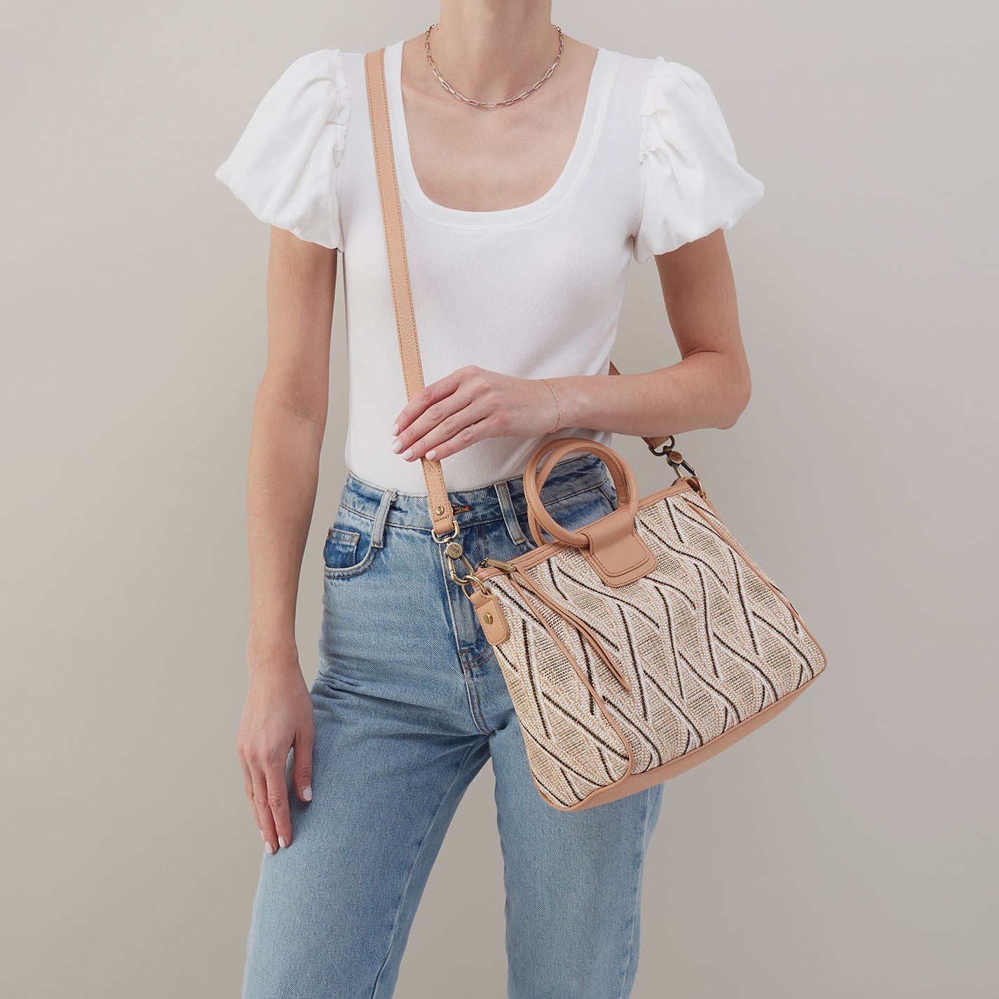 Sheila Medium Satchel In Multi Weave With Leather Trim - Cream Raffia - Image 2
