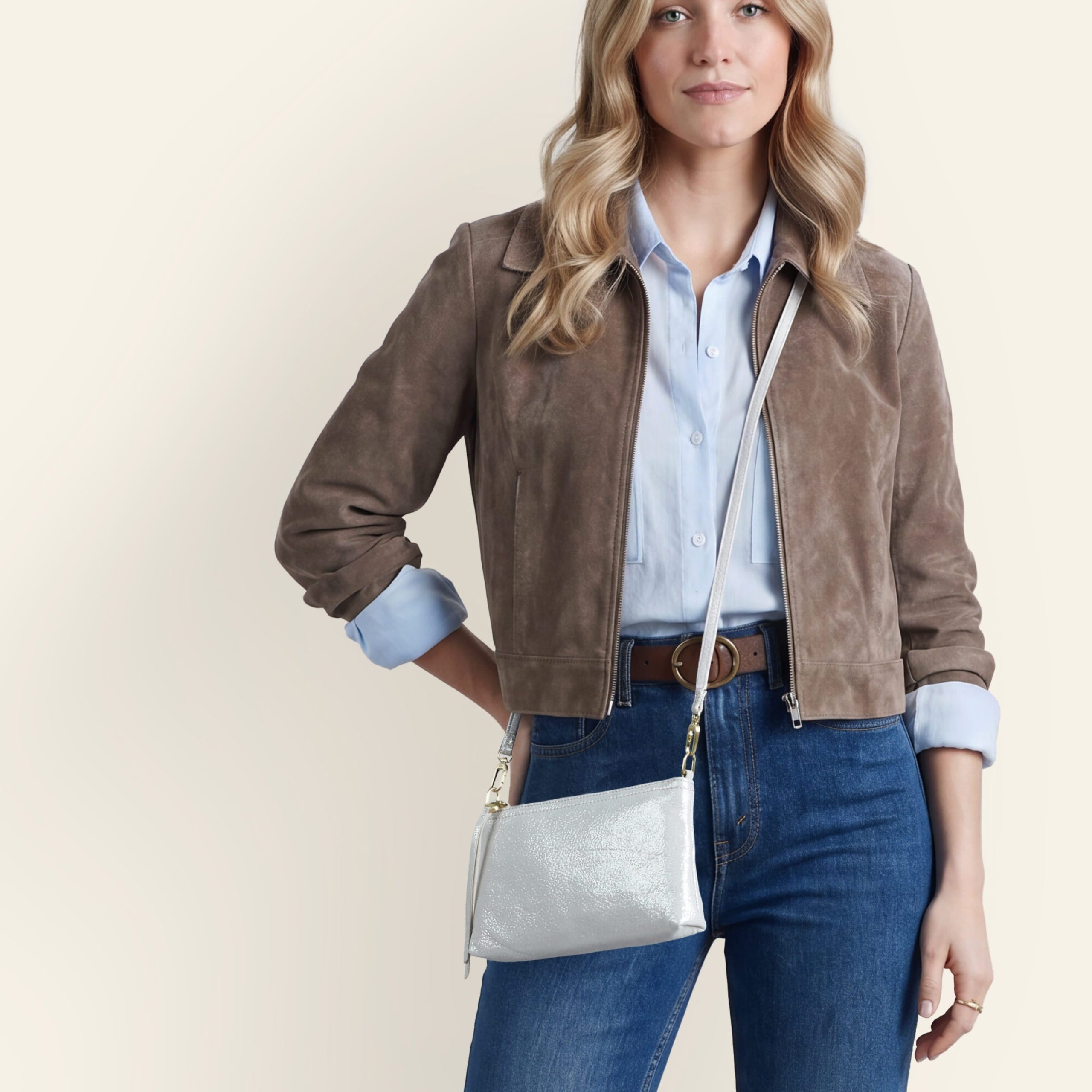 Darcy Crossbody In Metallic Leather - Sand Shimmer - Image 2